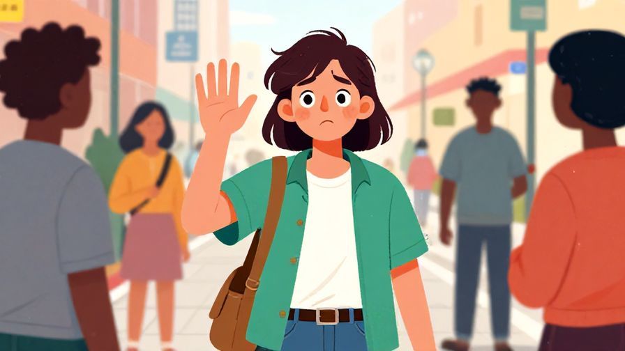Illustration of a slightly frustrated but playful person waving a hand to stop, casual street scene with friends around, vibrant colors, illustrated style