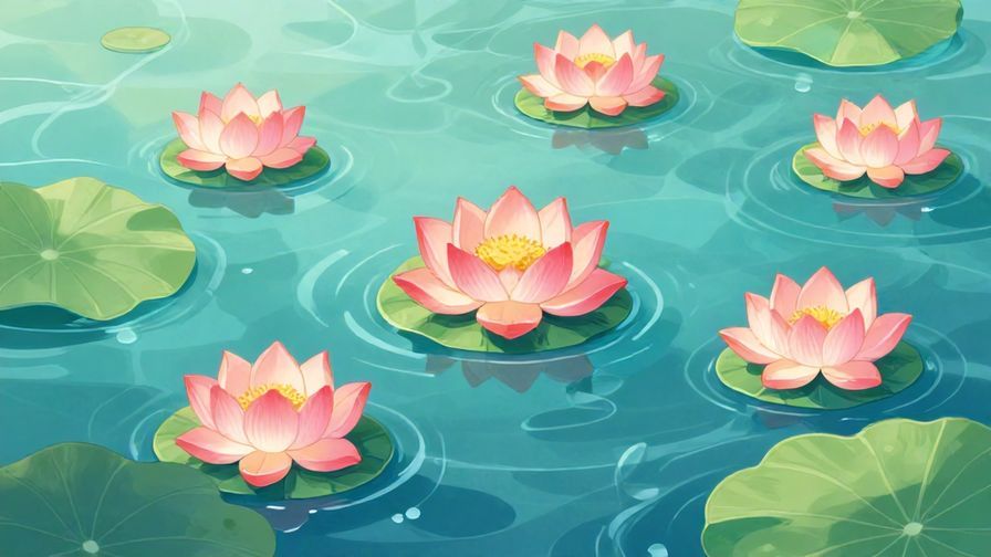 Illustration of a slow-moving river with floating lotus flowers, symbolizing calm and patience, soft lighting, vibrant colors, illustrated style