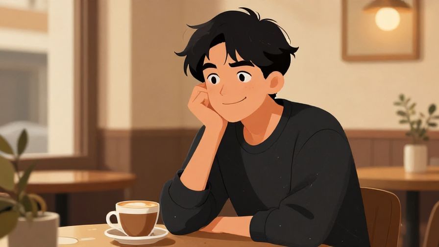 Illustration of a sly person smirking with anticipation, sitting casually in a cafe, warm tones and cozy atmosphere
