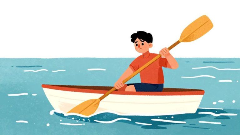 Illustration of a small boat on calm water with gentle waves around, a person holding a paddle with a worried expression, vibrant illustrated style