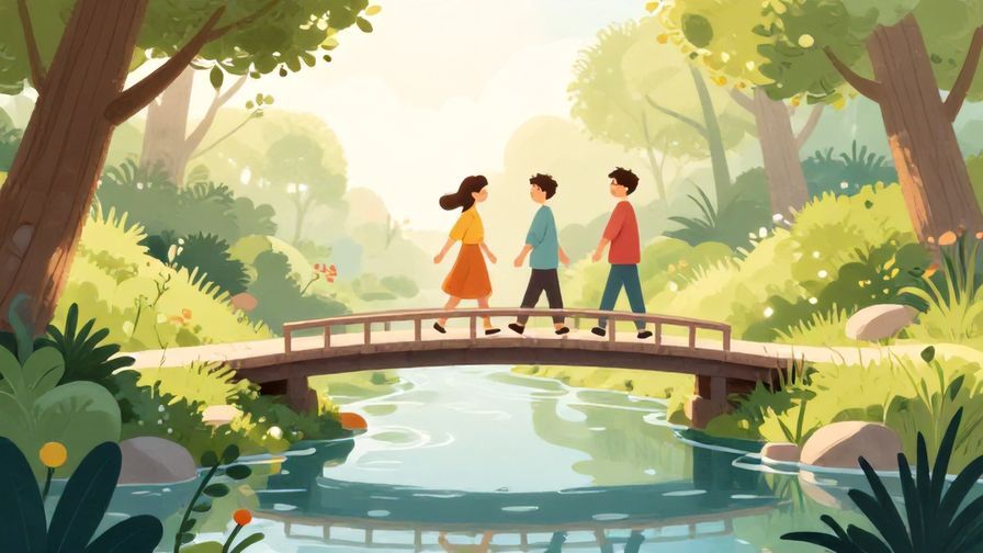 Illustration of a small bridge over a calm stream with two friends walking side by side, soft morning light, hopeful mood