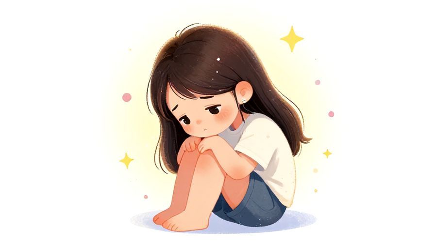Illustration of a small character sitting with a drooped head and sad eyes, surrounded by soft pastel dots and stars, gentle lighting, illustrated style