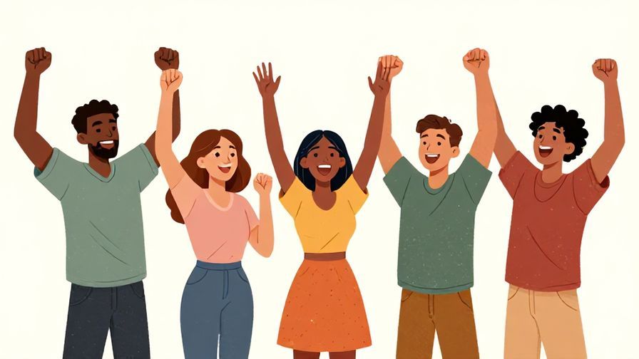 Illustration of a small group cheering together excitedly at a casual party