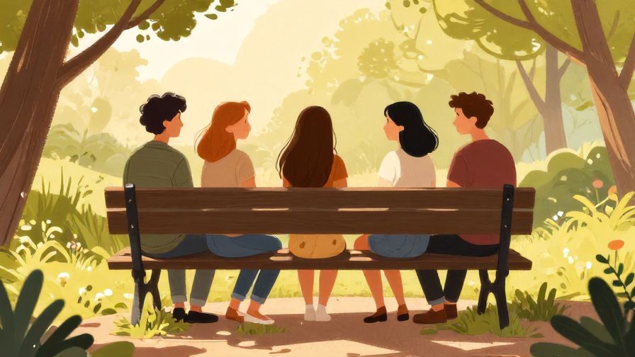 Illustration of a small group of friends sitting at a park bench, relaxed and smiling, afternoon sunlight