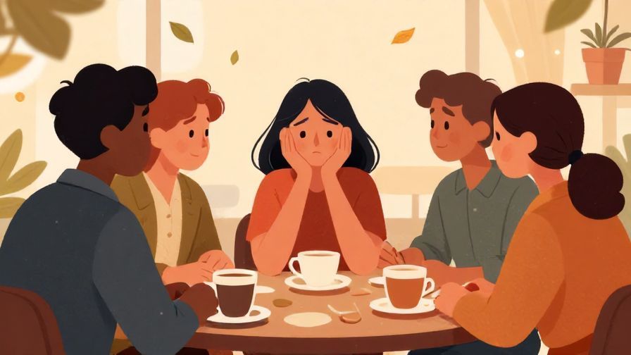 Illustration of a small group of friends sitting at a café, one shrugging with a sad smile as others nod in understanding, warm colors and floating leaves around