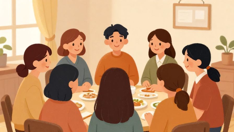 Illustration of a small group of people smiling together in a warm room, symbolizing unity and belonging, soft lighting, illustrated style