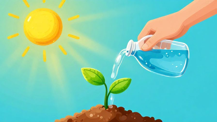 Illustration of a small plant growing taller with sunlight shining down, a hand gently watering it, vibrant colors, illustrated style