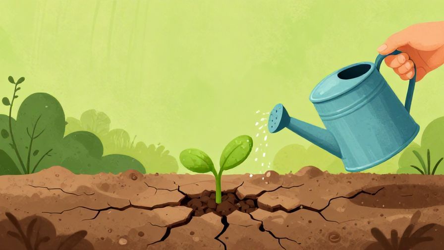 Illustration of a small sprout growing from cracked soil with a watering can nearby, symbolizing growth from failure, detailed background, vibrant colors, illustrated style