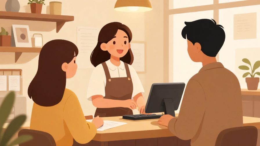 Illustration of a smiling cashier reassuring a customer, warm and friendly shop interior