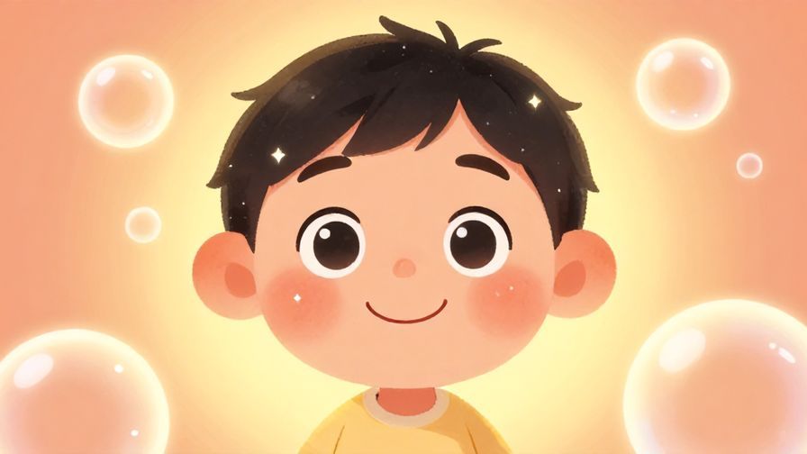 Illustration of a smiling character with rosy cheeks, eyes sparkling, surrounded by soft glowing bubbles, warm colors