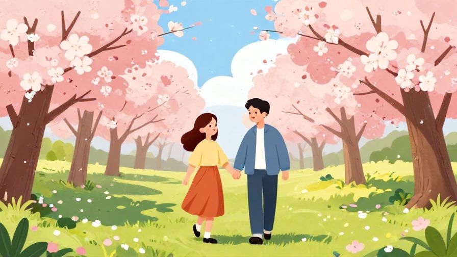 Illustration of a smiling couple walking hand in hand through a park filled with cherry blossoms, bright and cheerful colors