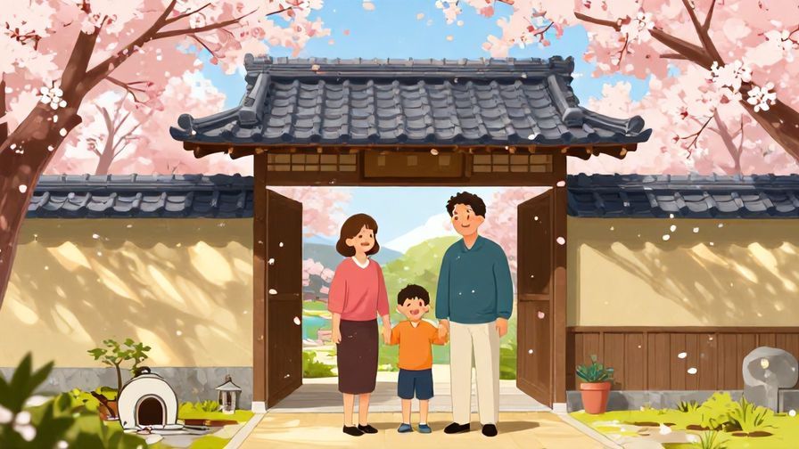 Illustration of a smiling family standing at the entrance of a traditional Japanese home with light rays and fluttering cherry blossoms, detailed background, vibrant colors, illustrated style