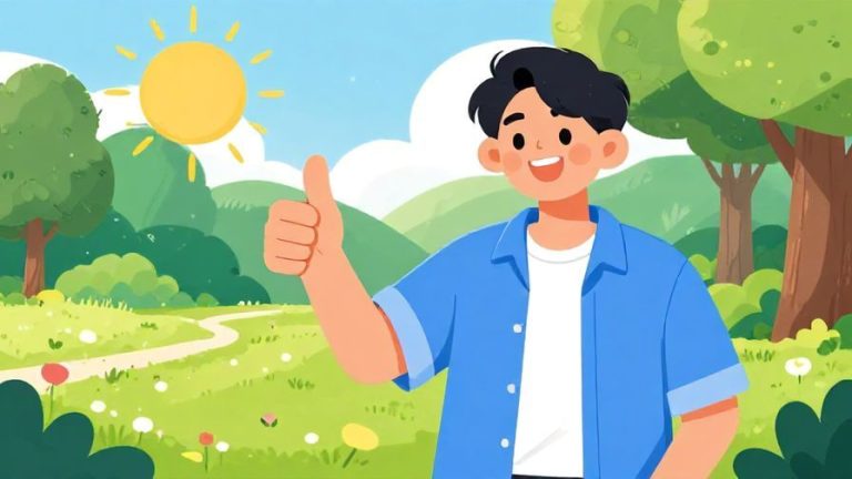 Illustration of a smiling friend giving a thumbs up with a sunny park background, vibrant colors, illustrated style