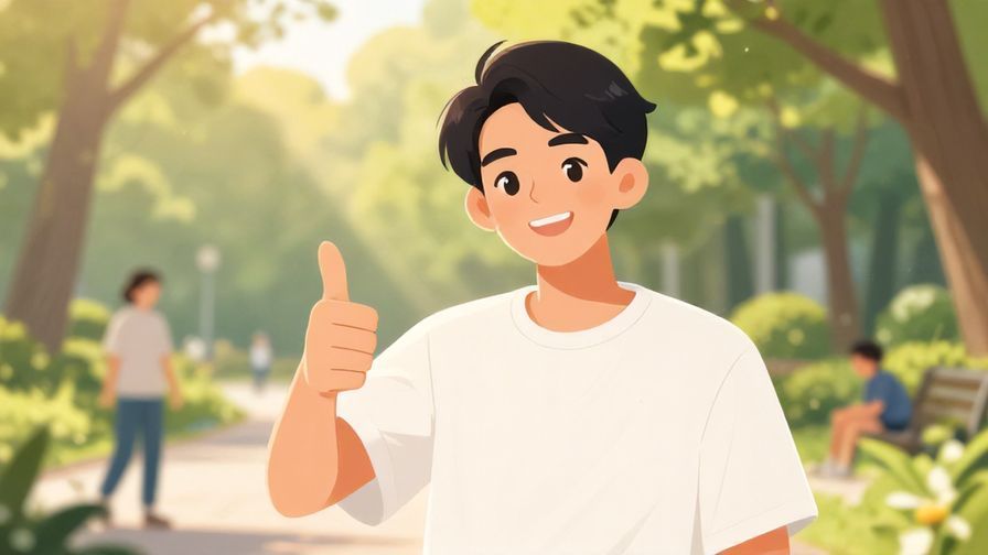Illustration of a smiling friend giving a thumbs up with a casual background of a park and soft sun rays