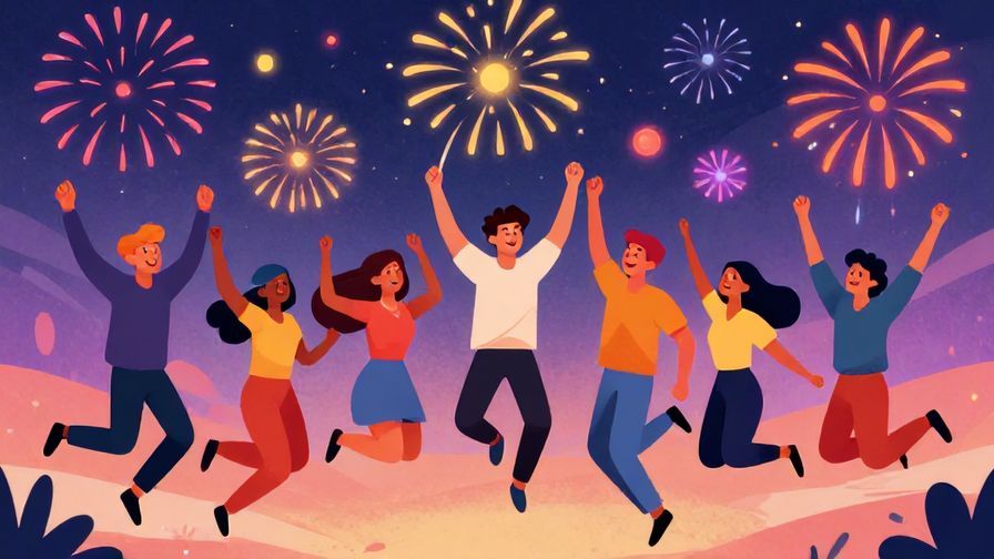 Illustration of a smiling group of young people jumping in joy with fireworks in the background, vibrant colors, illustrated style