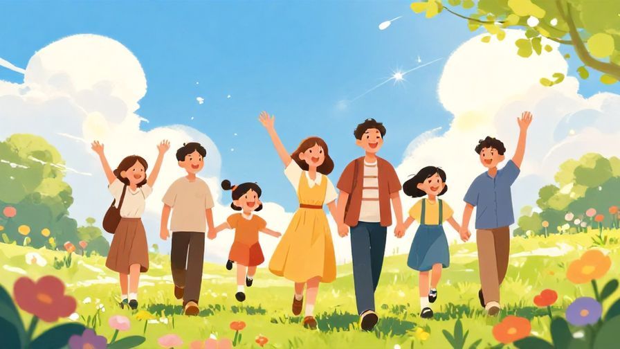 Illustration of a smiling group walking together under sunshine with blooming flowers and blue sky, joyful and warm atmosphere