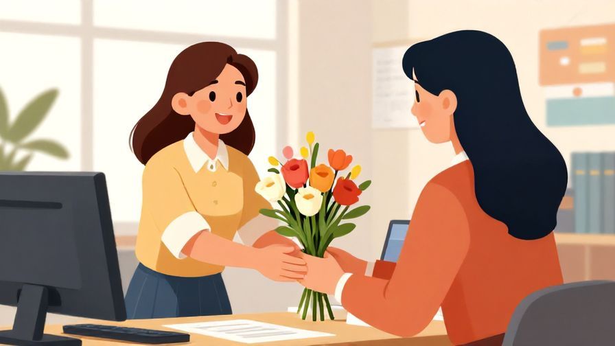 Illustration of a smiling office worker giving flowers to a colleague in a bright office setting, detailed background, vibrant colors