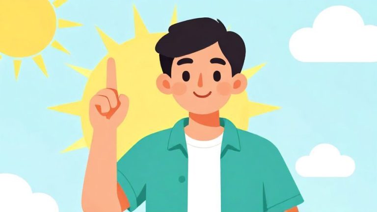 Illustration of a smiling person confidently pointing upwards with a bright, sunny background symbolizing clarity and obviousness, vibrant colors, illustrated style