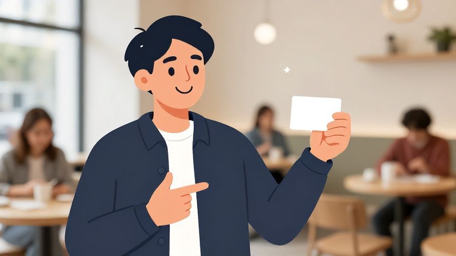 Illustration of a smiling person explaining something while holding a card, casual cafe background with friendly atmosphere