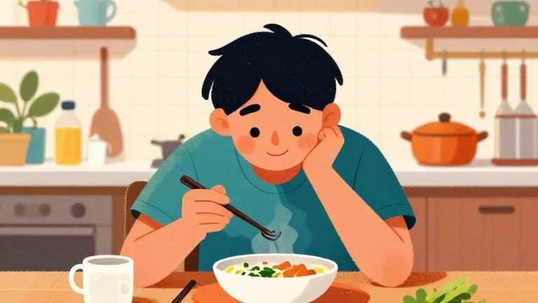 Illustration of a smiling person finishing a meal and bowing slightly with a happy expression, cozy kitchen background, vibrant colors, illustrated style