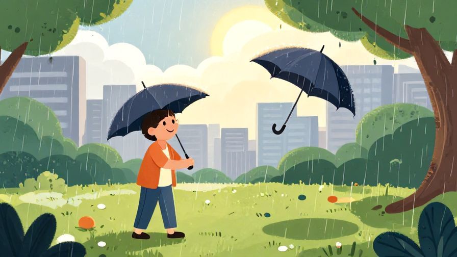 Illustration of a smiling person folding an umbrella as the rain stops, soft sunlight peeking through clouds in a city park