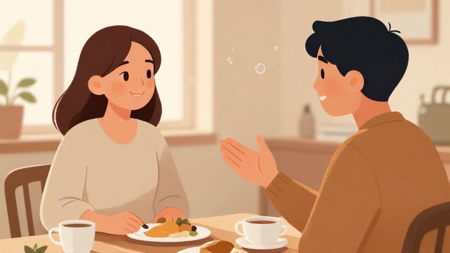 Illustration of a smiling person gently gesturing for politeness during a friendly conversation, indoor cozy setting, soft lighting, illustrated style