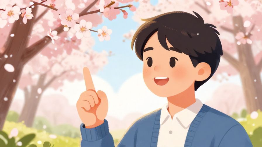 Illustration of a smiling person gently raising a finger as if reminding someone softly, with a background of cherry blossoms and soft sunlight, vibrant colors, illustrated style