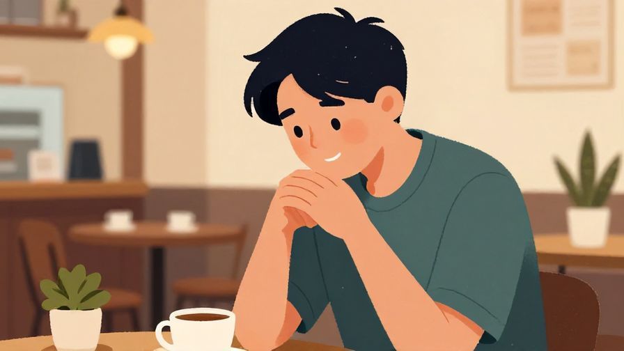 Illustration of a smiling person giving a casual nod, cozy café background, warm colors, illustrated style