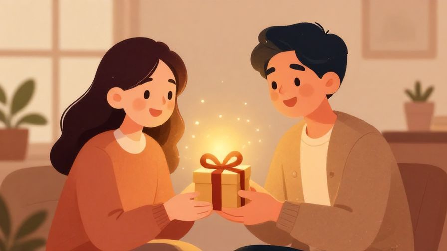 Illustration of a smiling person giving a small gift with a warm glow, cozy indoor setting