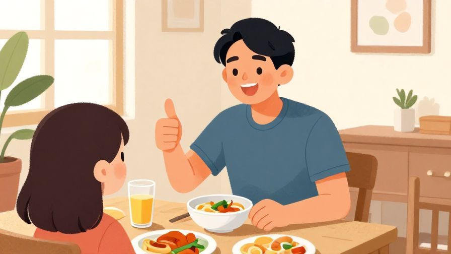 Illustration of a smiling person giving a thumbs up after eating, bright dining room, casual friendly atmosphere, illustrated style