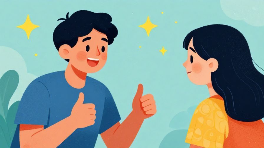 Illustration of a smiling person giving a thumbs-up while speaking encouragingly to a friend, with stars and soft dots in the background, vibrant colors, illustrated style