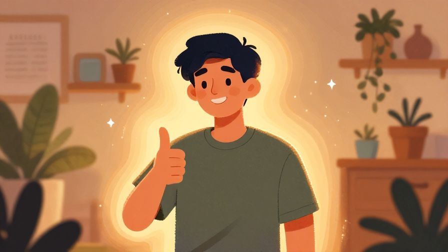 Illustration of a smiling person giving a thumbs up with a soft glowing aura around them, set in a cozy room filled with plants and warm light