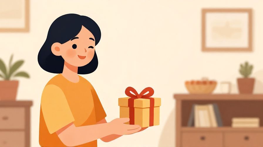 Illustration of a smiling person handing a gift with a wink, cozy home background
