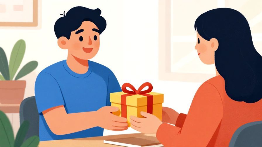 Illustration of a smiling person handing back a gift to a friend, atmosphere of fairness and kindness, vibrant colors, illustrated style