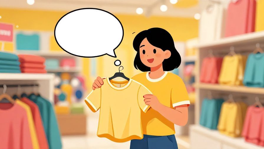 Illustration of a smiling person holding a blouse, with a thought bubble imagining themselves wearing it, bright and colorful store background