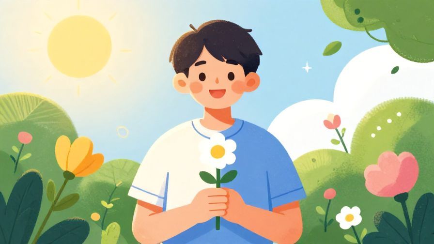 Illustration of a smiling person holding a flower, surrounded by blooming plants and bright sunlight