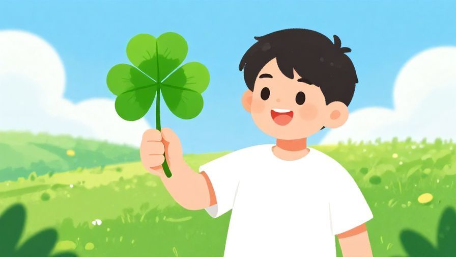 Illustration of a smiling person holding a four-leaf clover, bright green field and blue sky background, cheerful and hopeful mood