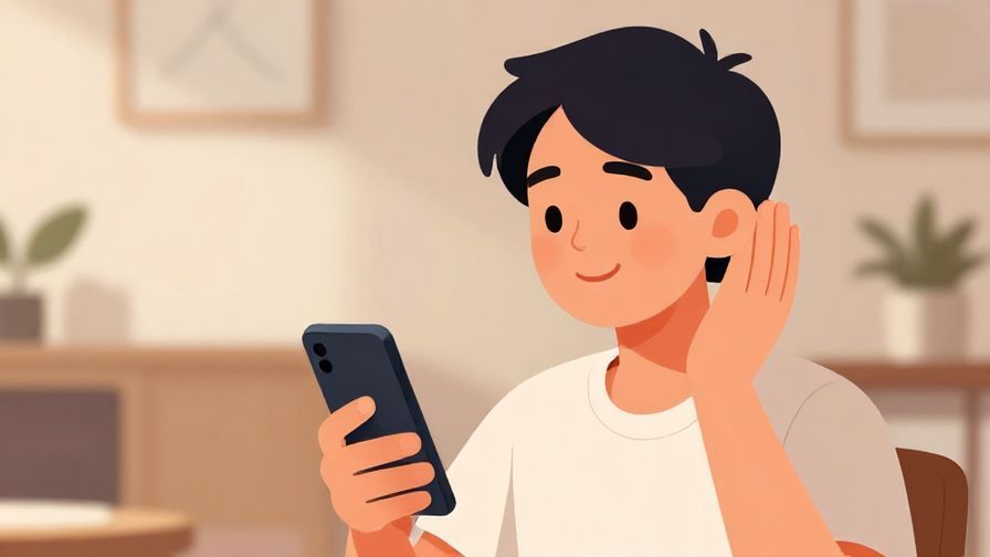 Illustration of a smiling person holding a phone slightly away from their ear, signaling to wait, with a cozy indoor background and soft lighting