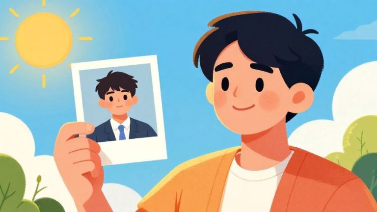 Illustration of a smiling person holding a photo and looking determined under bright sunlight, symbolizing strong memory and emotion, vibrant colors, illustrated style