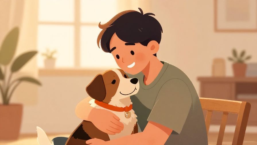 Illustration of a smiling person hugging a pet or loved one, cozy home environment with warm lighting