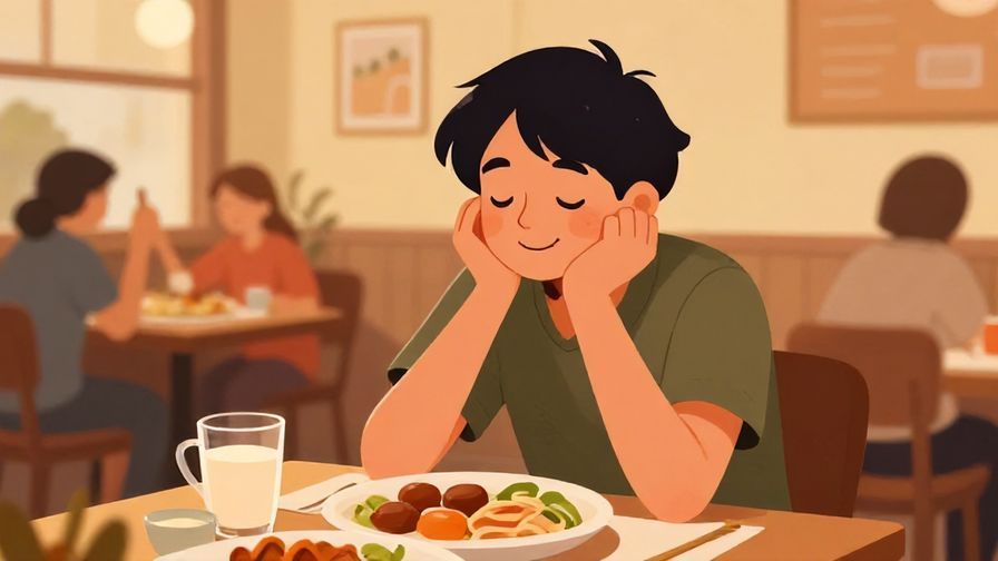 Illustration of a smiling person leaning back contentedly after a meal, warm restaurant ambiance