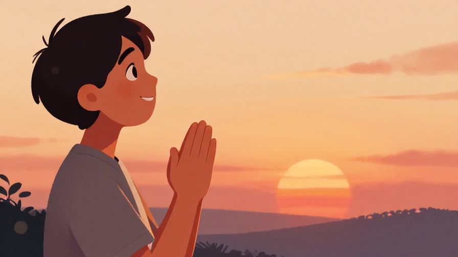 Illustration of a smiling person looking at a sunset horizon, hands clasped in anticipation, warm colors and soft textures