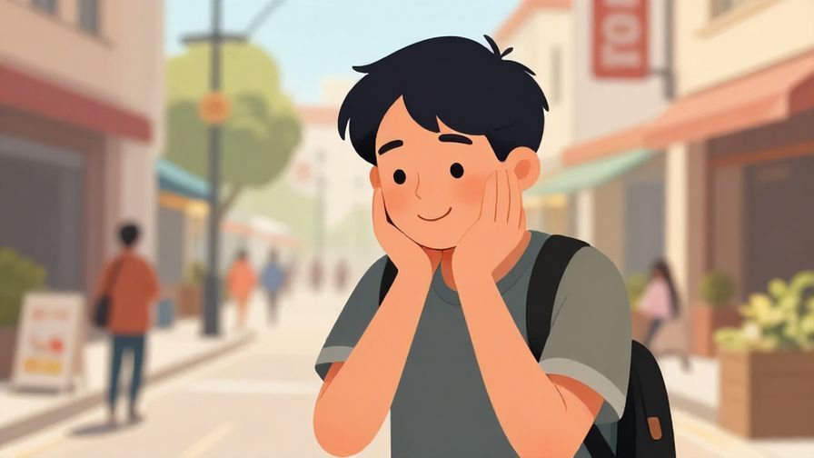 Illustration of a smiling person nodding casually in an afternoon street scene, relaxed and approachable vibe