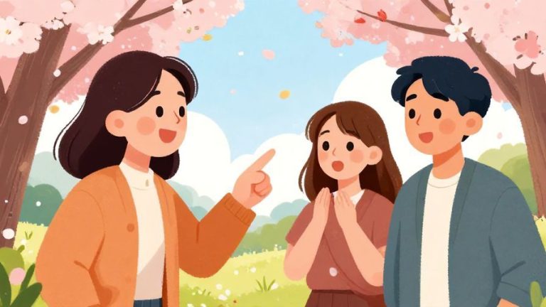 Illustration of a smiling person pointing playfully at a friend who looks surprised, outdoors with cherry blossoms in the background, vibrant colors, illustrated style