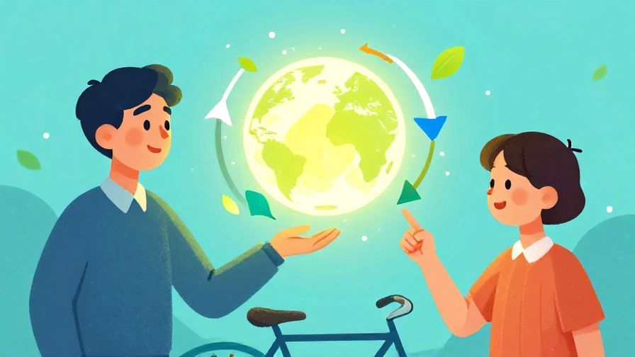 Illustration of a smiling person pointing to a cycle of arrows around a glowing orb, with floating leaves and soft dots in the background, vibrant colors, illustrated style