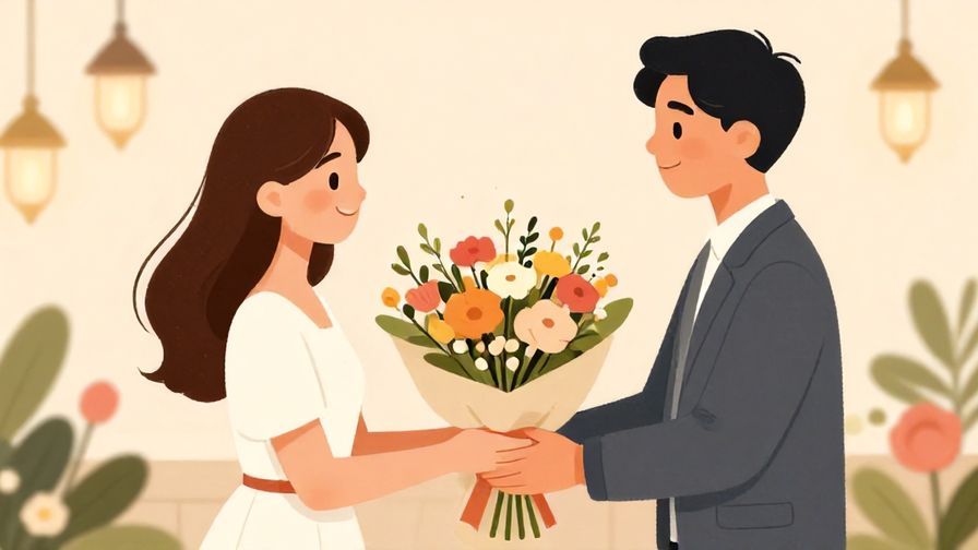 Illustration of a smiling person receiving a bouquet of flowers in a gentle, elegant setting