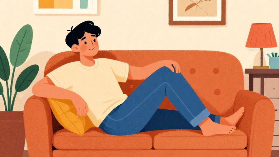 Illustration of a smiling person reclining comfortably on a couch, cozy room background, detailed background, vibrant colors, illustrated style