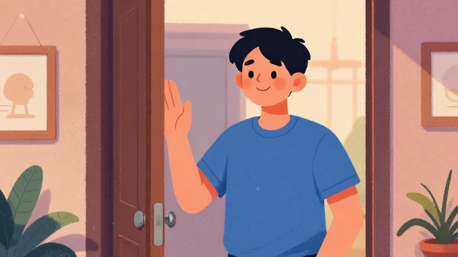 Illustration of a smiling person standing by a door, waving goodbye gently, soft evening light, detailed background, vibrant colors, illustrated style