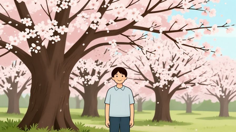 Illustration of a smiling person standing under a blooming sakura tree, soft pastel colors, feeling of peaceful closure
