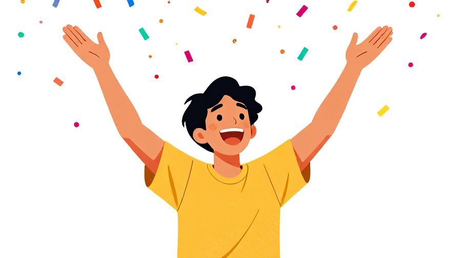 Illustration of a smiling person throwing colorful confetti in the air, joyful and carefree